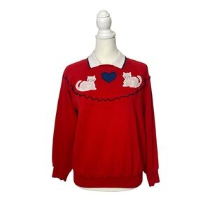 Vintage Bassett Walker Red Cat Appliqué Sweatshirt Size M Collared Sweatshirt